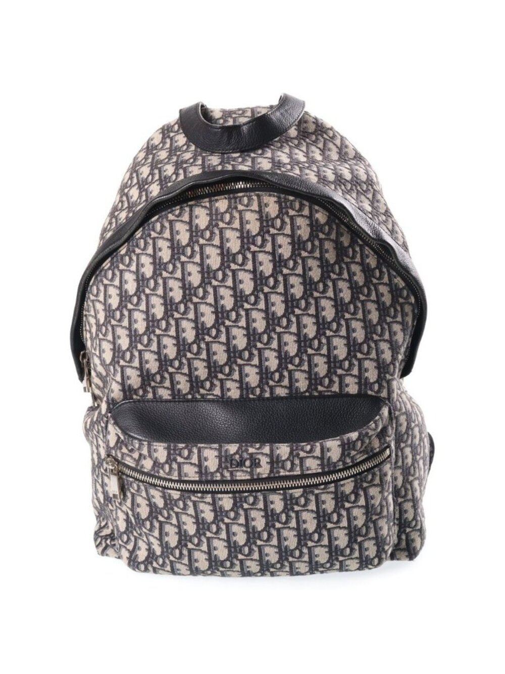 Dior Oblique Backpack Navy Beige Leather Canvas Silver
